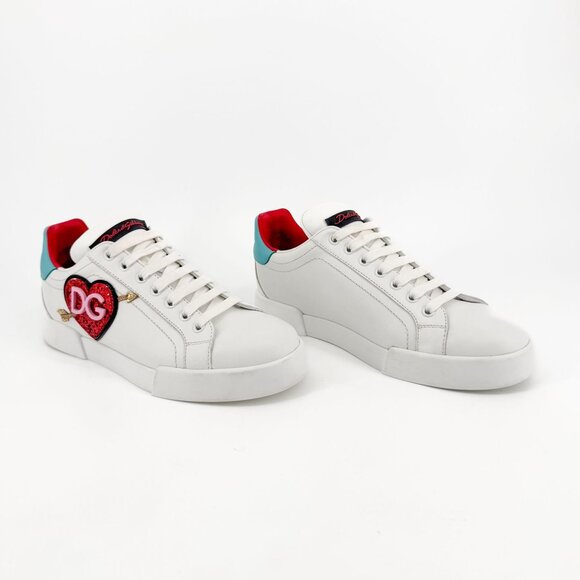 Dolce & Gabbana Portofino Heart Sneakers White Leather Size 39.5 US 9.5 Women - Picture 1 of 15